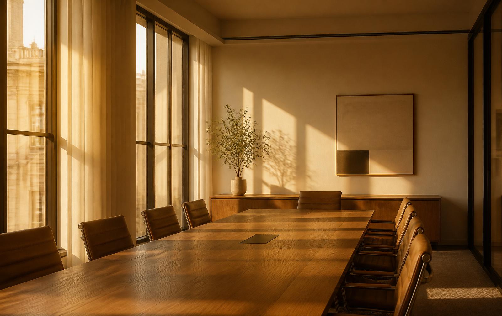 Quiet conference room at golden hour